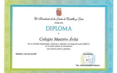 Diploma del Presidente de la Junta de Castilla y León por la contribución del colegio en la lucha contra el coronavirus